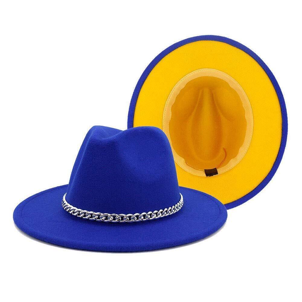 6005 Wide Brim Fedora Felt Panama Hat with Chain Belt Buckle - Royal